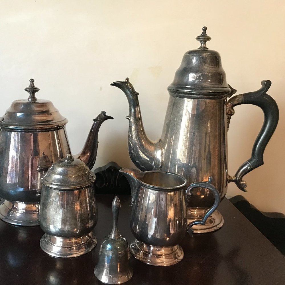 Antique Patinated Pure Silver Plated 5 Pc Tea Set w/ Black Wood Handle